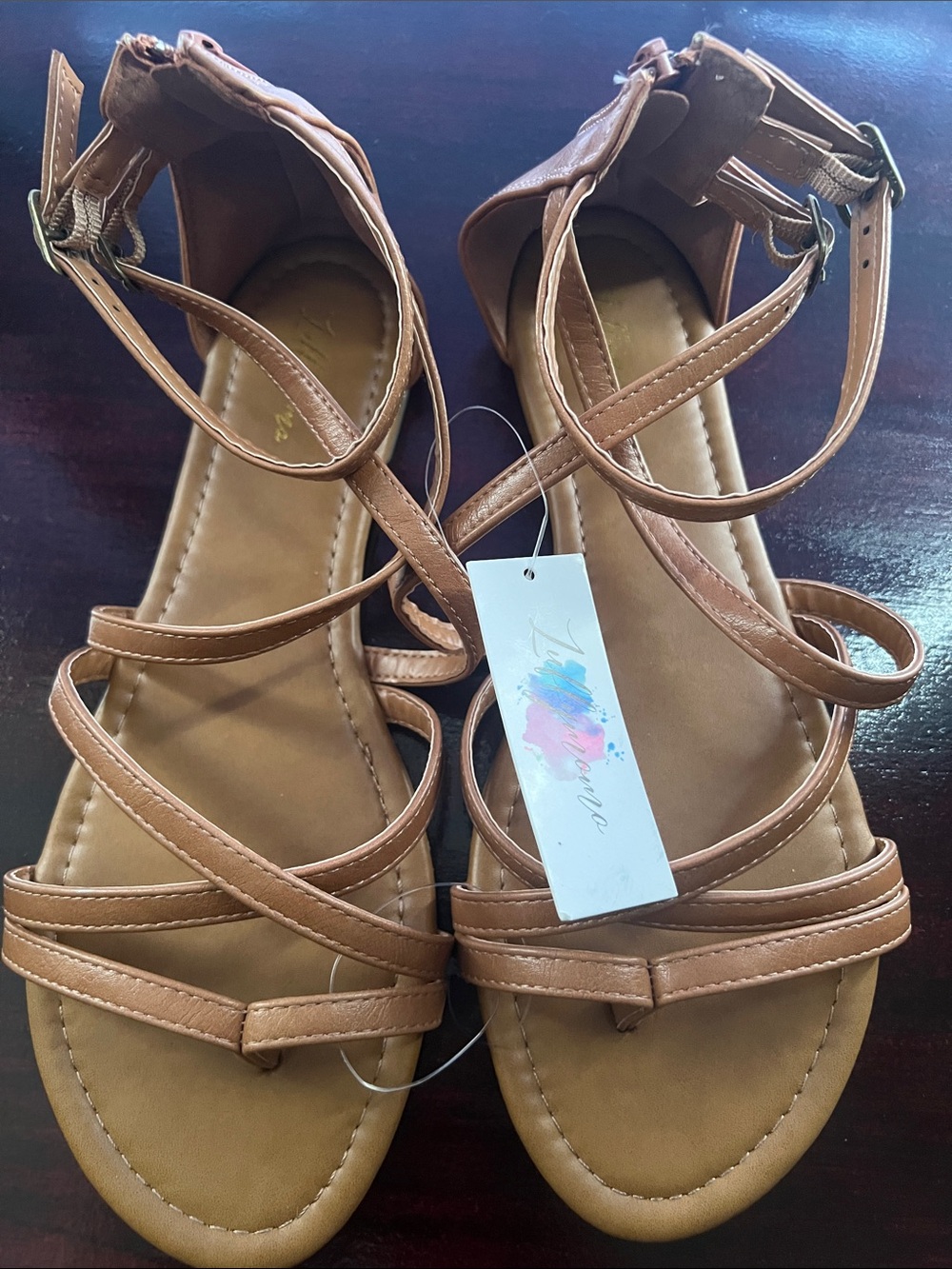 Women's Strappy Ankle-Tie Sandals in Tan Faux-Leather